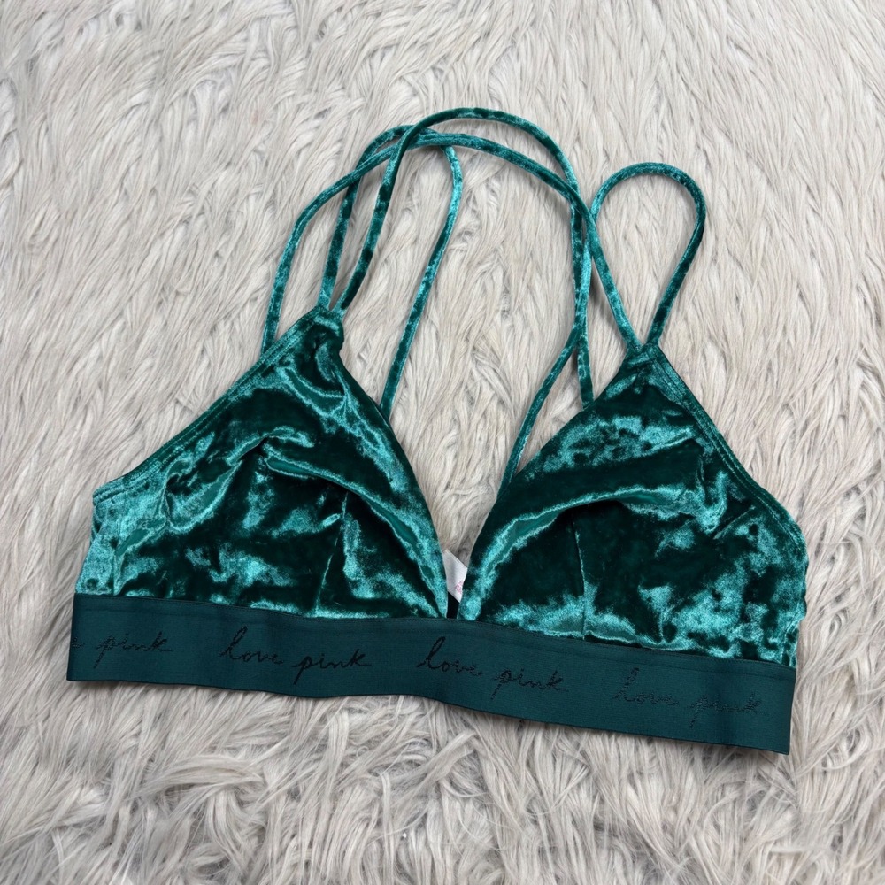 Victoria's Secret PINK Women's M Green Velvet Strappy Bralette Coquette Lounge